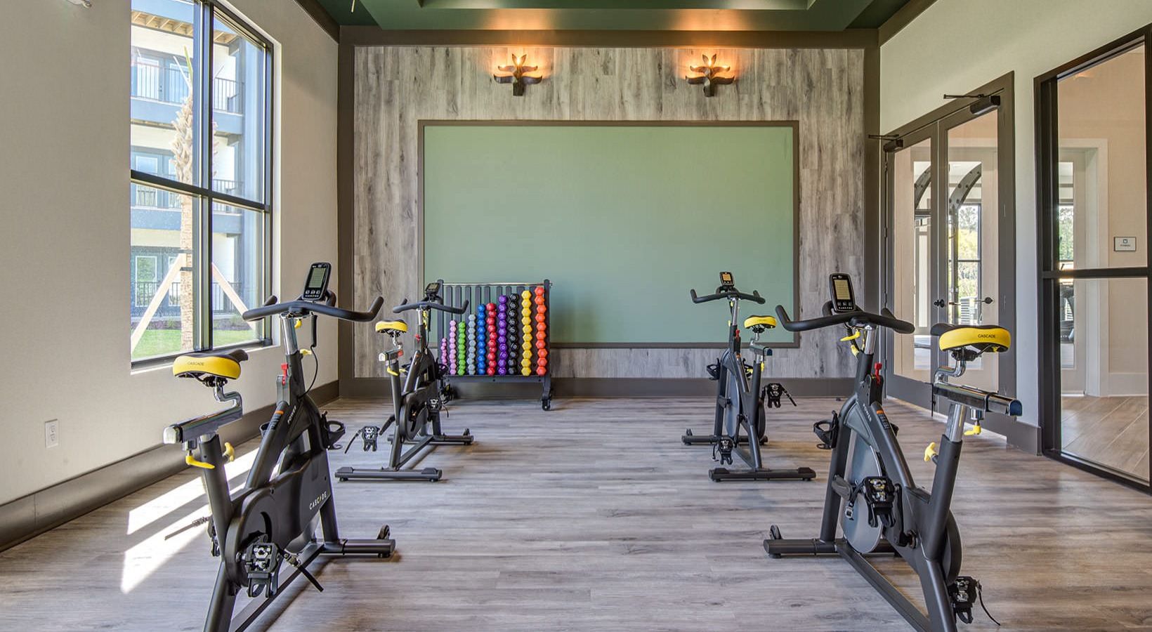Modern fitness studio featuring stationary bikes and a colorful rack of weights against a green accent wall and large windows.